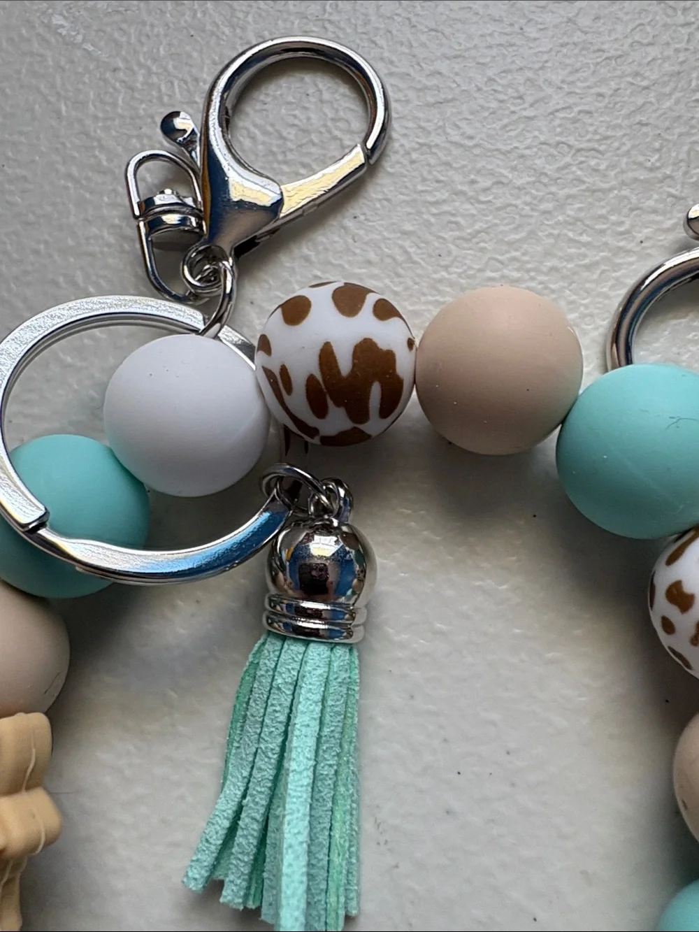 Handmade Aqua & Beige Kids Beaded Keychain with Highland Cow Charm